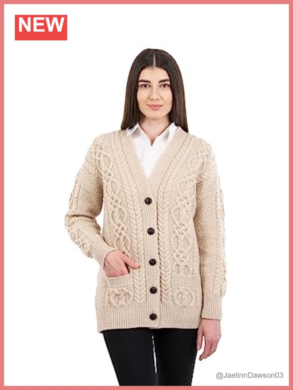 Merino Wool Cable Knit Button Cardigan Long Sleeve Pockets